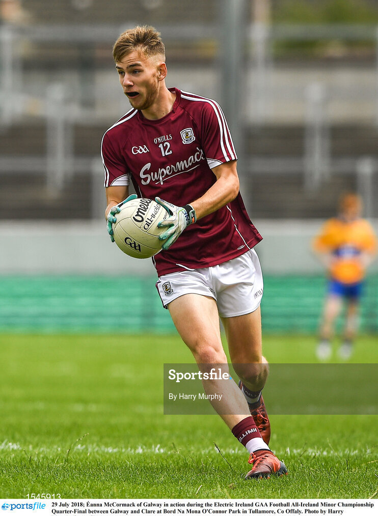 29 July 2018; Éanna McCormack of Galway in action during the Electric Ireland GAA Football All-Ireland Minor Championship Quarter-Final between Galway and Clare at Bord Na Mona O'Connor Park in Tullamore, Co Offaly. Photo by Harry Murphy/Sportsfile