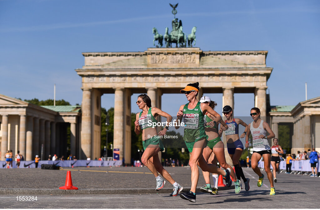 12 August 2018; Gladys Ganiel O'Neill, far left, and Breege Connolly, left, both of Ireland passes in front of the Brandenburg Gate while competing in the Women's Marathon event during Day 6 of the 2018 European Athletics Championships at The Olympic Stadium in Berlin, Germany. Photo by Sam Barnes/Sportsfile