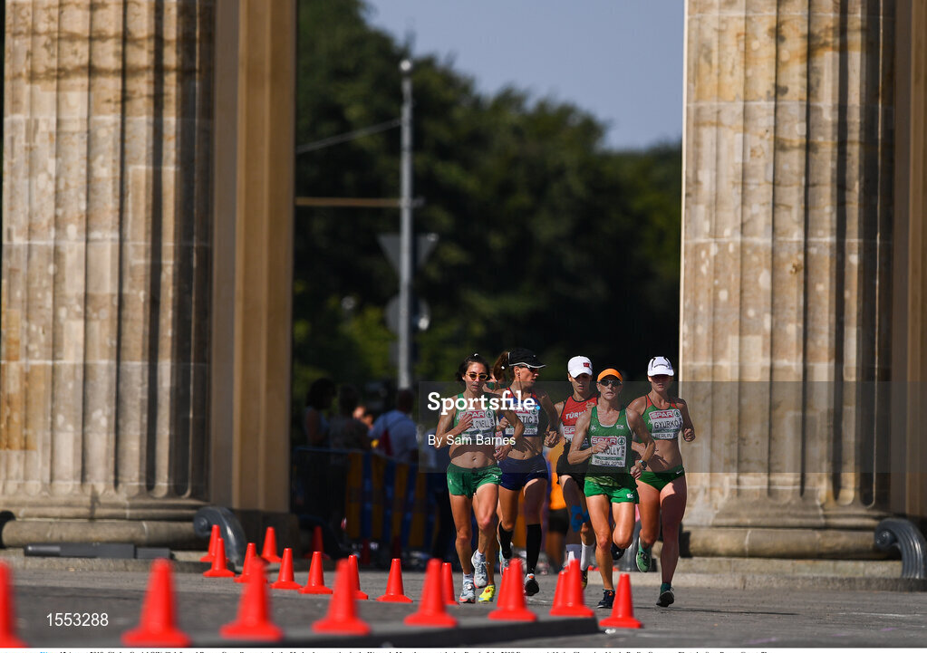 12 August 2018; Gladys Ganiel O'Neill, left, and Breege Connolly, centre, both of Ireland, passing the Brandenburg Gate while competing in the Women's Marathon event during Day 6 of the 2018 European Athletics Championships in Berlin, Germany. Photo by Sam Barnes/Sportsfile