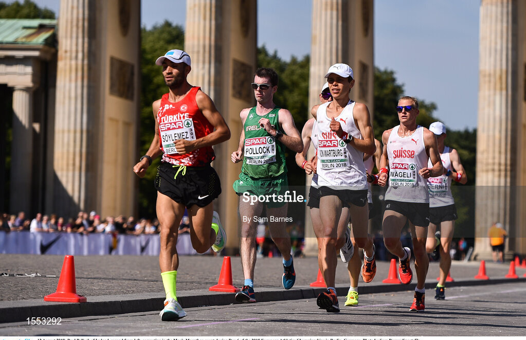 12 August 2018; Paul Pollock of Ireland, second from left, passes in front of the Brandenburg Gate while competing in the Men's Marathon event during Day 6 of the 2018 European Athletics Championships in Berlin, Germany. Photo by Sam Barnes/Sportsfile