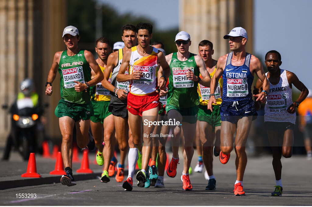 12 August 2018; Kevin Seaward of Ireland, green singlet, left, and Sean Hehir of Ireland, green singlet, fourth from right, competing in the Men's Marathon event during Day 6 of the 2018 European Athletics Championships in Berlin, Germany. Photo by Sam Barnes/Sportsfile