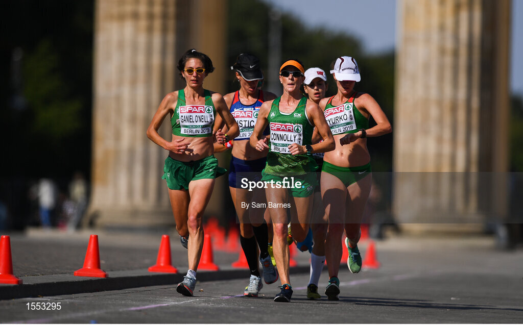 12 August 2018; Gladys Ganiel O'Neill, left, and Breege Connolly, centre, both of Ireland, competing in the Women's Marathon event during Day 6 of the 2018 European Athletics Championships in Berlin, Germany. Photo by Sam Barnes/Sportsfile