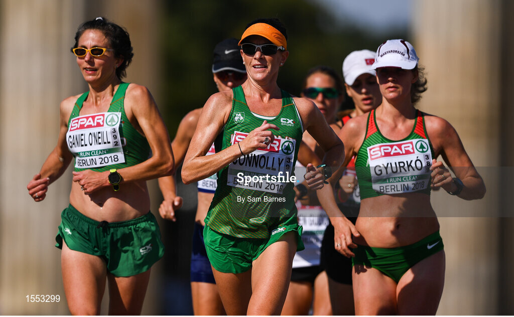 12 August 2018; Gladys Ganiel O'Neill, left, and Breege Connolly, centre, both of Ireland, competing in the Women's Marathon event during Day 6 of the 2018 European Athletics Championships in Berlin, Germany. Photo by Sam Barnes/Sportsfile