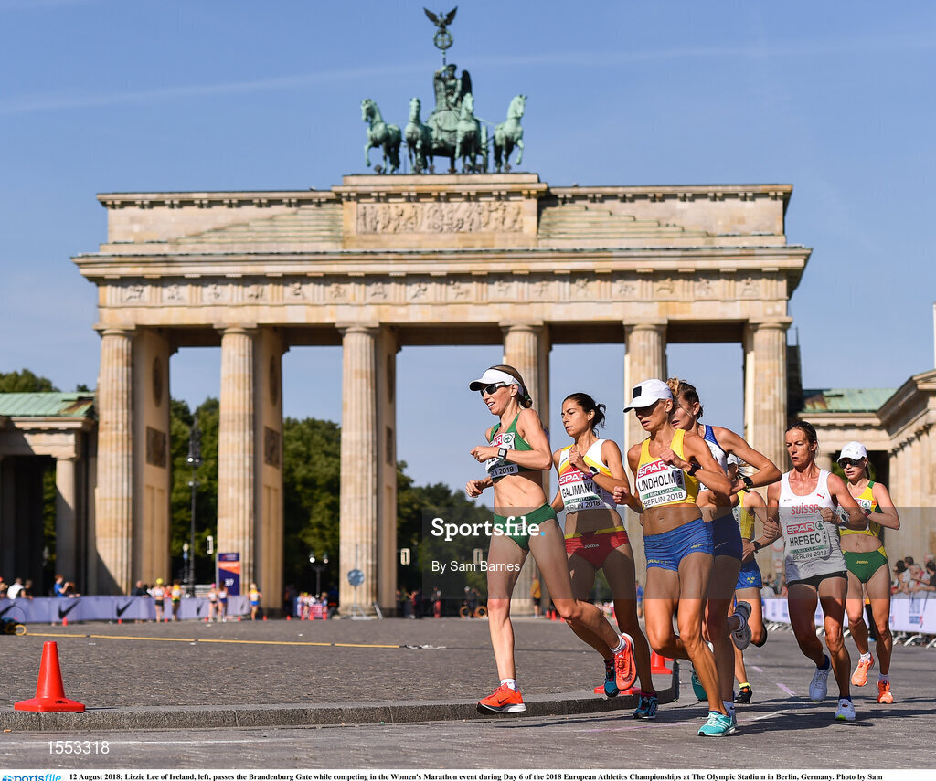 12 August 2018; Lizzie Lee of Ireland, left, passes the Brandenburg Gate while competing in the Women's Marathon event during Day 6 of the 2018 European Athletics Championships at The Olympic Stadium in Berlin, Germany. Photo by Sam Barnes/Sportsfile