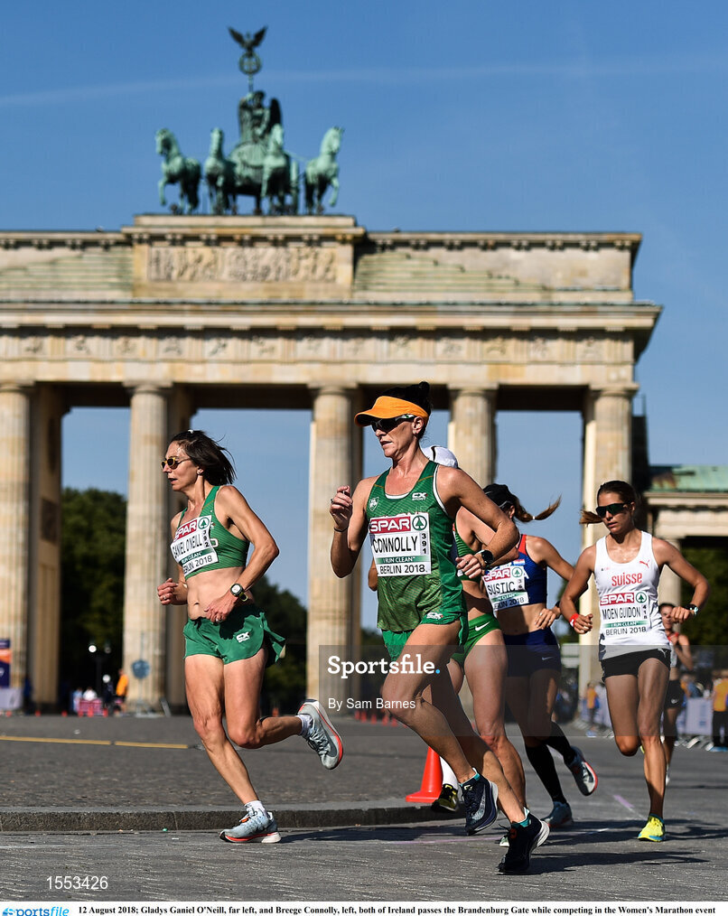12 August 2018; Gladys Ganiel O'Neill, far left, and Breege Connolly, left, both of Ireland passes the Brandenburg Gate while competing in the Women's Marathon event during Day 6 of the 2018 European Athletics Championships in Berlin, Germany. Photo by Sam Barnes/Sportsfile