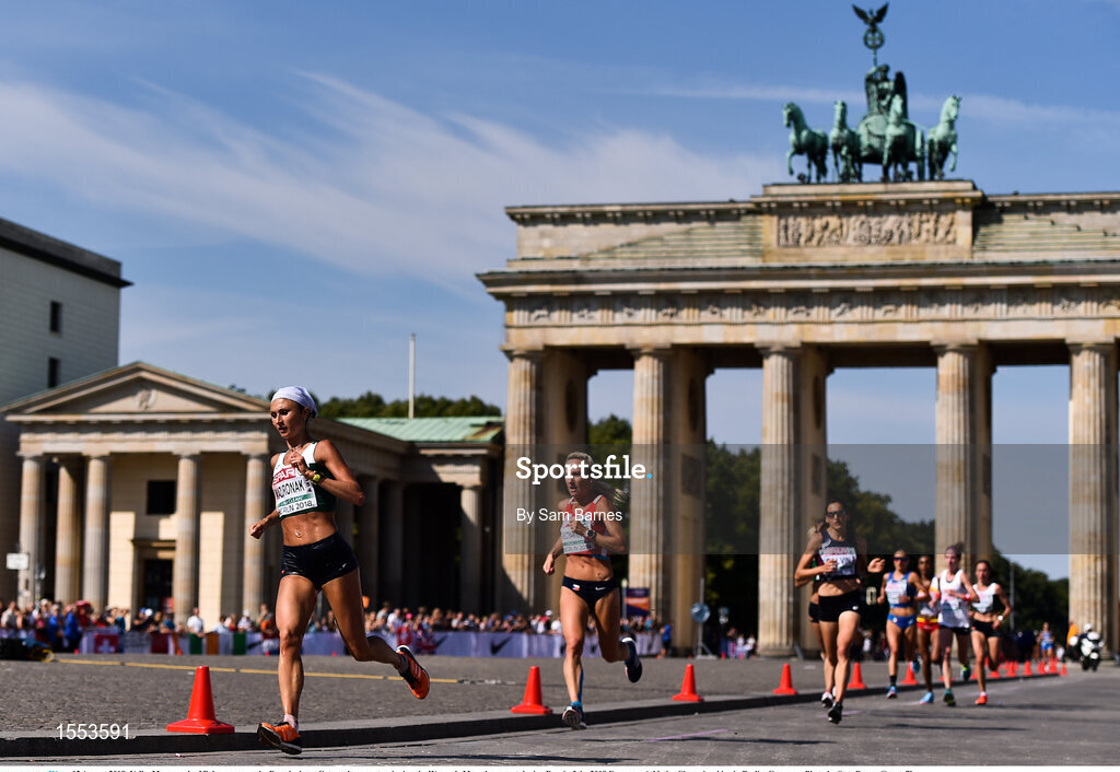 12 August 2018; Volha Mazuronak of Belarus passes the Brandenburg Gate on her way to winning the Women's Marathon event during Day 6 of the 2018 European Athletics Championships in Berlin, Germany. Photo by Sam Barnes/Sportsfile