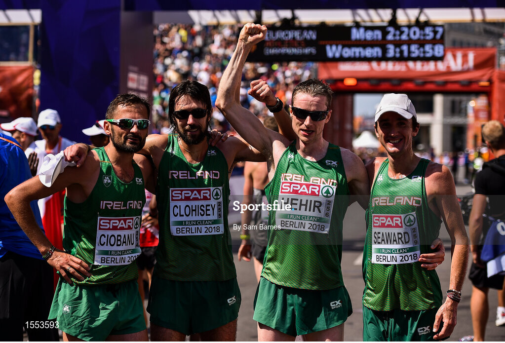 12 August 2018; Irish athletes, from left, Sergiu Ciobanu, Mick Clohisey, Sean Hehir and Kevin Seaward after competing in the Men's Marathon event during Day 6 of the 2018 European Athletics Championships in Berlin, Germany. Photo by Sam Barnes/Sportsfile