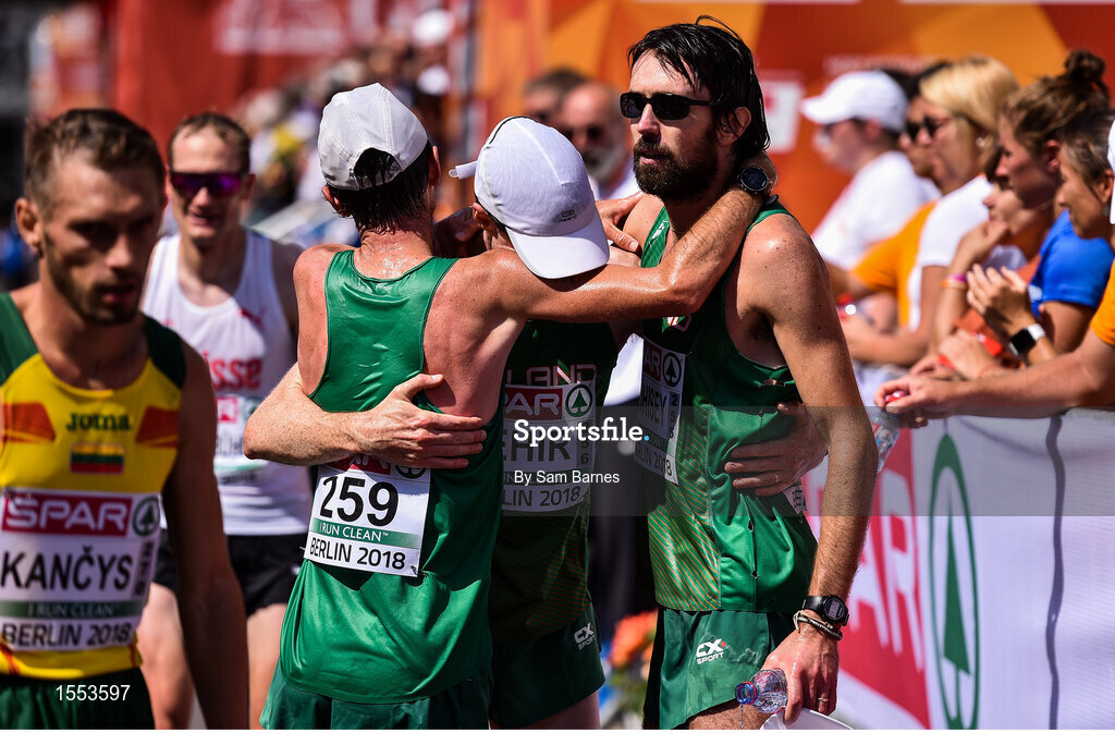 12 August 2018; Ireland athletes, from left, Kevin Seaward, Sean Hehir and Mick Clohisey after competing in the Men's Marathon event during Day 6 of the 2018 European Athletics Championships in Berlin, Germany. Photo by Sam Barnes/Sportsfile