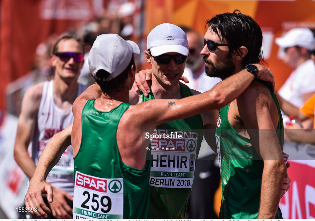 12 August 2018; Ireland athletes, from left, Kevin Seaward, Sean Hehir and Mick Clohisey after competing in the Men's Marathon event during Day 6 of the 2018 European Athletics Championships in Berlin, Germany. Photo by Sam Barnes/Sportsfile