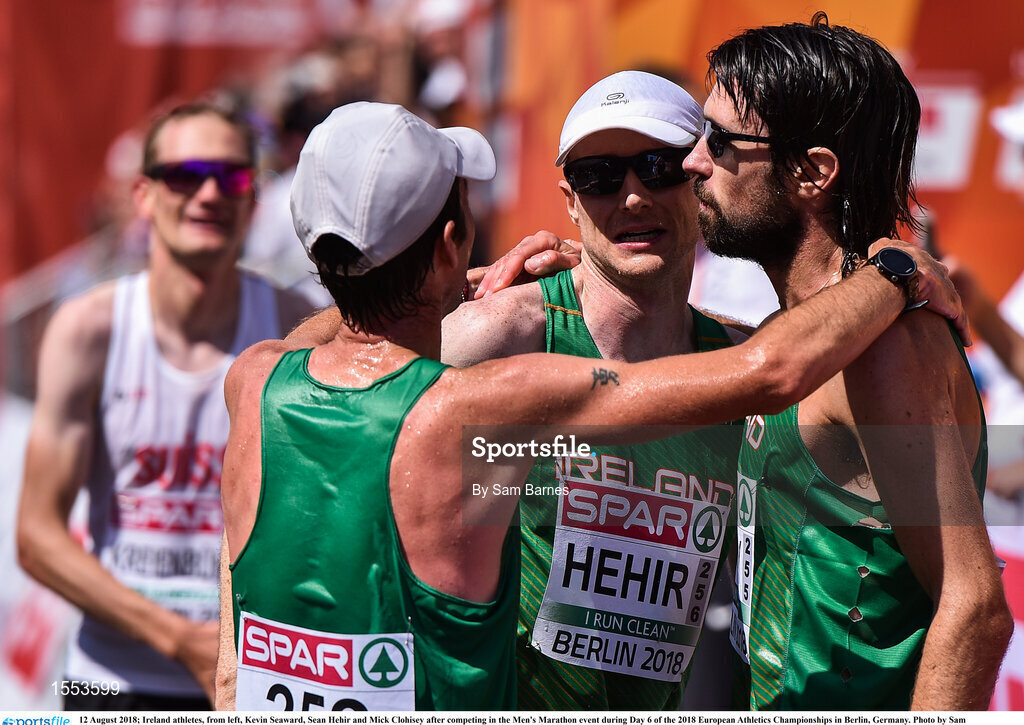 12 August 2018; Ireland athletes, from left, Kevin Seaward, Sean Hehir and Mick Clohisey after competing in the Men's Marathon event during Day 6 of the 2018 European Athletics Championships in Berlin, Germany. Photo by Sam Barnes/Sportsfile
