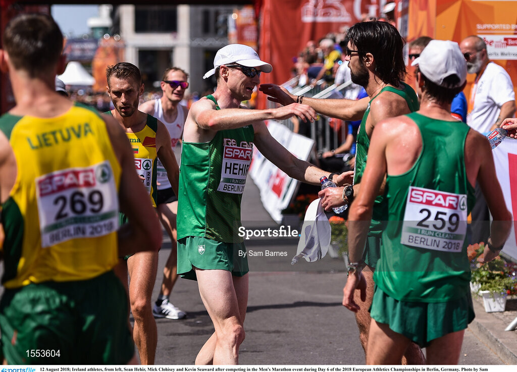 12 August 2018; Ireland athletes, from left, Sean Hehir, Mick Clohisey and Kevin Seaward after competing in the Men's Marathon event during Day 6 of the 2018 European Athletics Championships in Berlin, Germany. Photo by Sam Barnes/Sportsfile