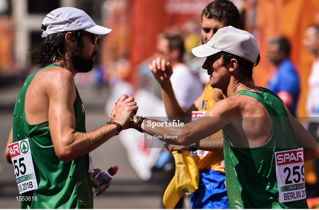 12 August 2018; Ireland athletes, from left Mick Clohisey, left,  and Kevin Seaward after competing in the Men's Marathon event during Day 6 of the 2018 European Athletics Championships in Berlin, Germany. Photo by Sam Barnes/Sportsfile