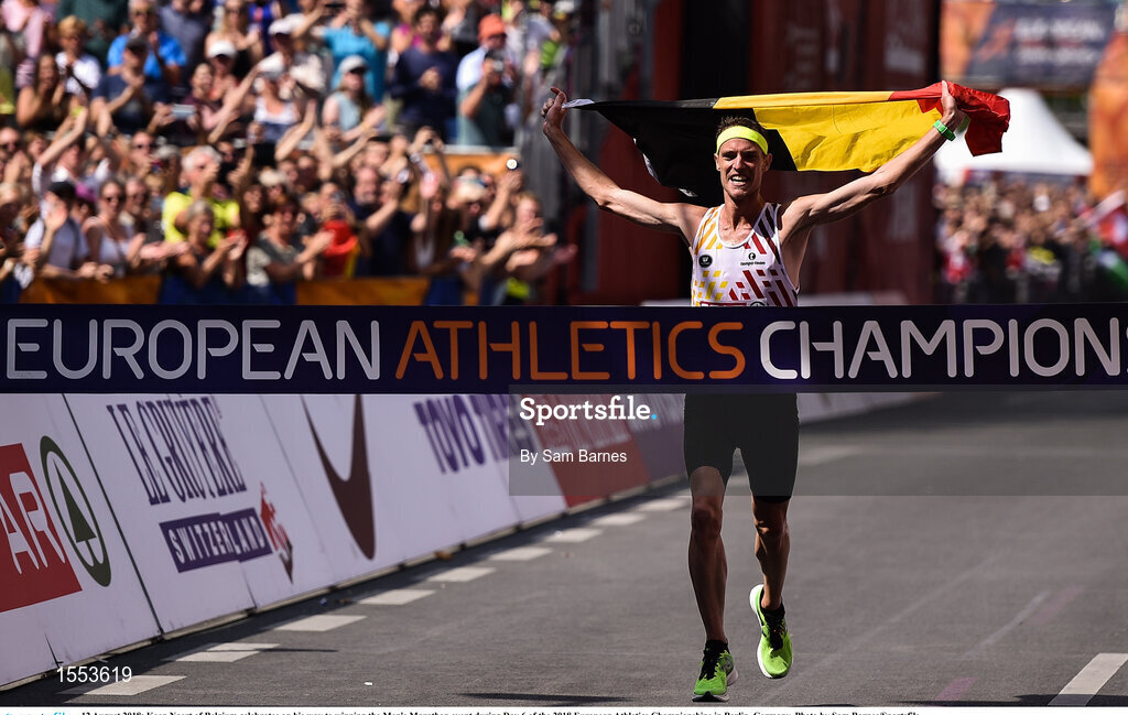 12 August 2018; Koen Naert of Belgium celebrates on his way to winning the Men's Marathon event during Day 6 of the 2018 European Athletics Championships in Berlin, Germany. Photo by Sam Barnes/Sportsfile