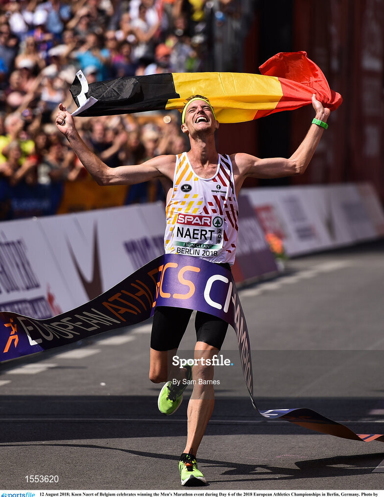 12 August 2018; Koen Naert of Belgium celebrates winning the Men's Marathon event during Day 6 of the 2018 European Athletics Championships in Berlin, Germany. Photo by Sam Barnes/Sportsfile