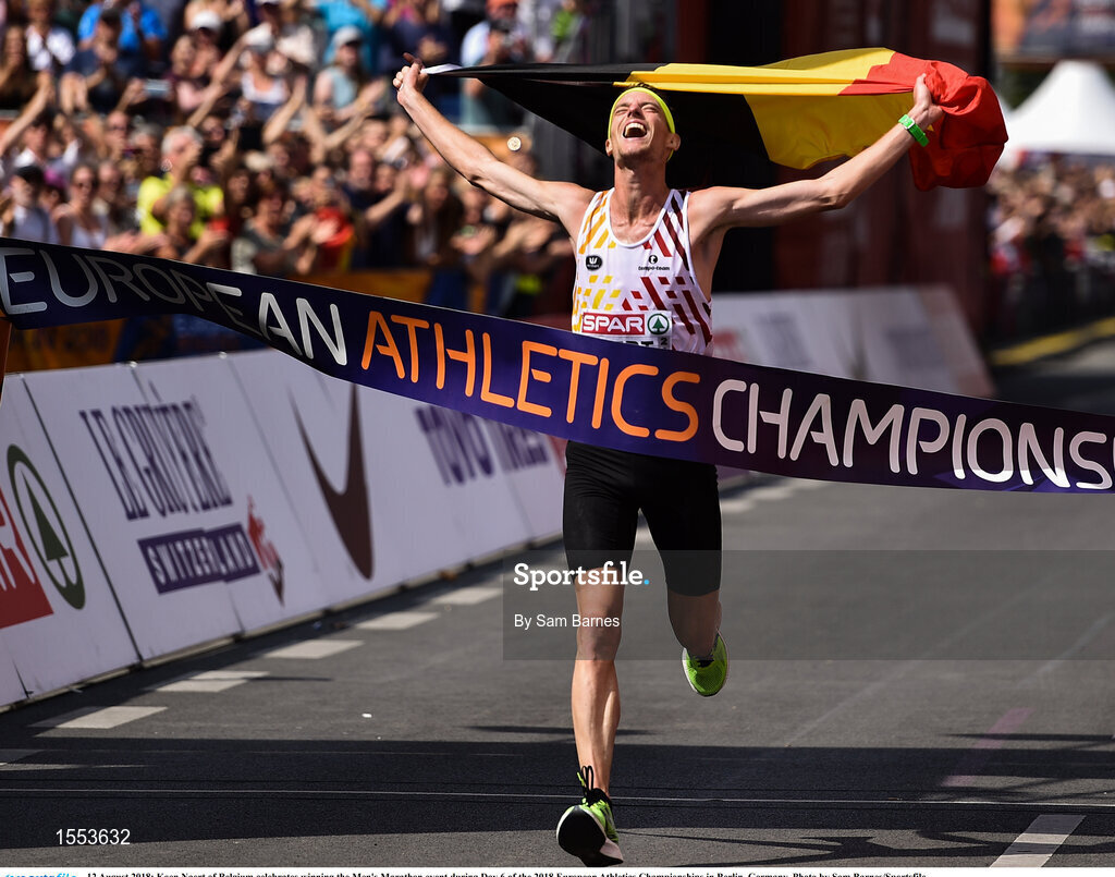 12 August 2018; Koen Naert of Belgium celebrates winning the Men's Marathon event during Day 6 of the 2018 European Athletics Championships in Berlin, Germany. Photo by Sam Barnes/Sportsfile