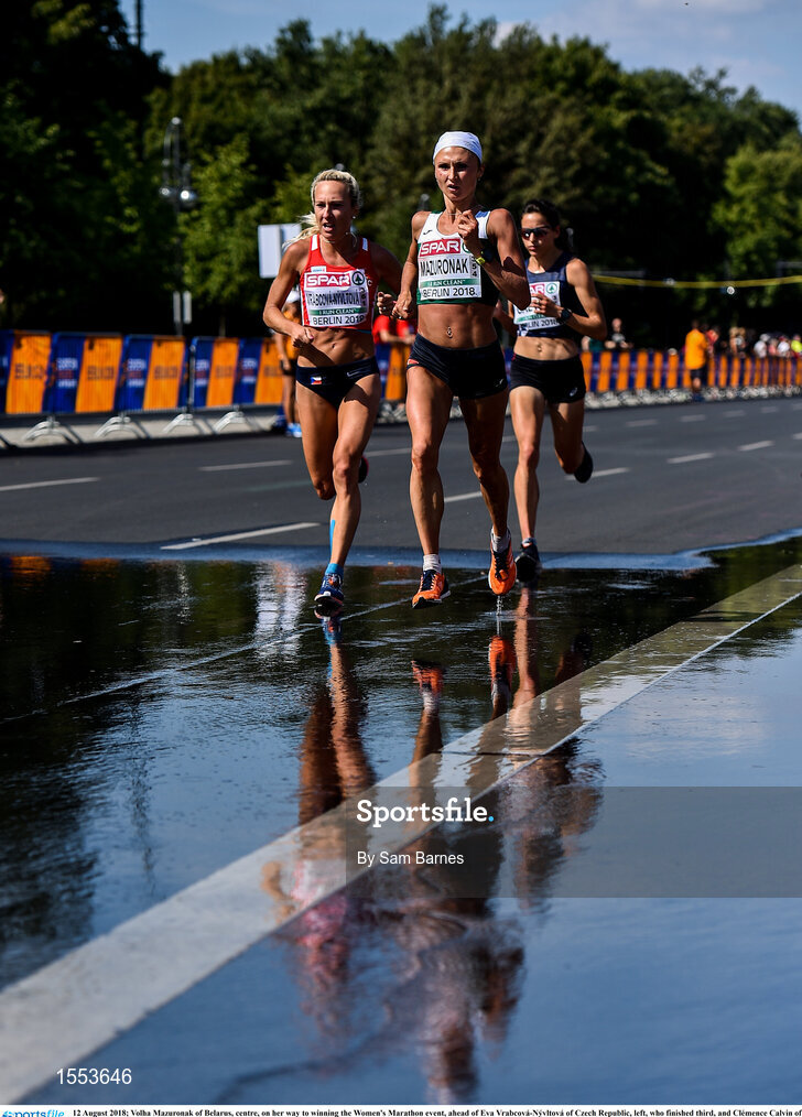 12 August 2018; Volha Mazuronak of Belarus, centre, on her way to winning the Women's Marathon event, ahead of Eva Vrabcová-Nývltová of Czech Republic, left, who finished third, and Clémence Calvin of France, right, who finished second, during Day 6 of the 2018 European Athletics Championships in Berlin, Germany. Photo by Sam Barnes/Sportsfile
