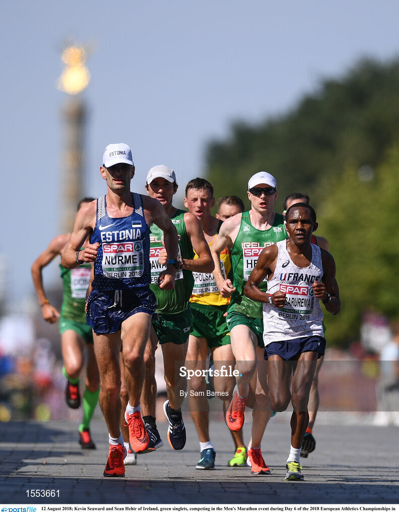 12 August 2018; Kevin Seaward and Sean Hehir of Ireland, green singlets, competing in the Men's Marathon event during Day 6 of the 2018 European Athletics Championships in Berlin, Germany. Photo by Sam Barnes/Sportsfile