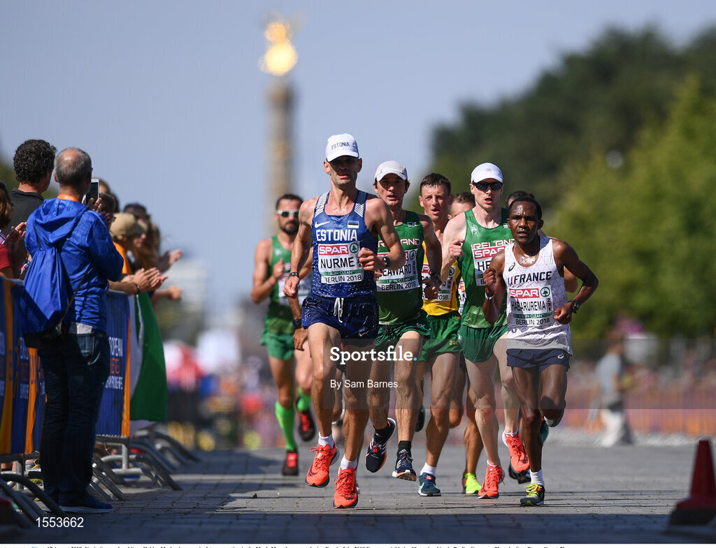 12 August 2018; Kevin Seaward and Sean Hehir of Ireland, green singlets, competing in the Men's Marathon event during Day 6 of the 2018 European Athletics Championships in Berlin, Germany. Photo by Sam Barnes/Sportsfile