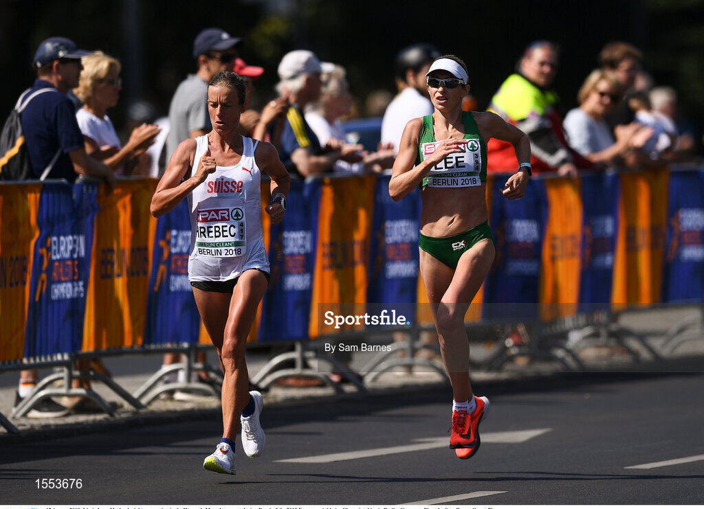 12 August 2018; Lizzie Lee of Ireland, right, competing in the Women's Marathon event during Day 6 of the 2018 European Athletics Championships in Berlin, Germany. Photo by Sam Barnes/Sportsfile