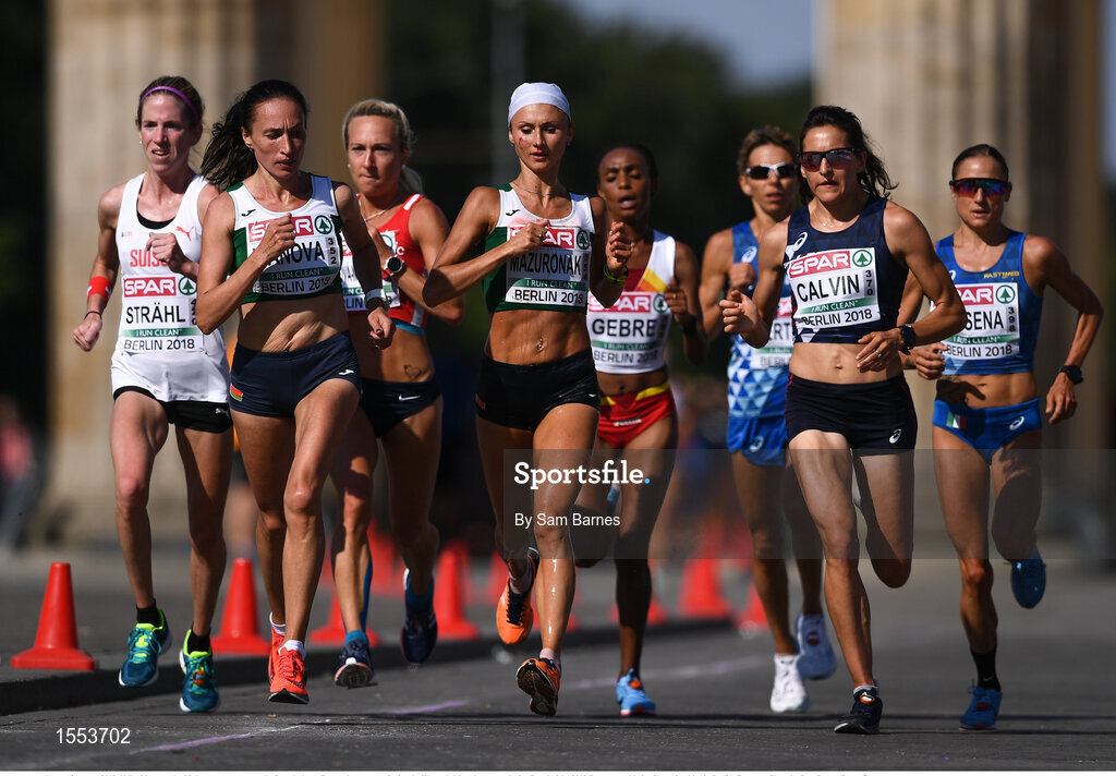 12 August 2018; Volha Mazuronak of Belarus, centre, passes the Brandenburg Gate on her way to winning the Women's Marathon event during Day 6 of the 2018 European Athletics Championships in Berlin, Germany. Photo by Sam Barnes/Sportsfile