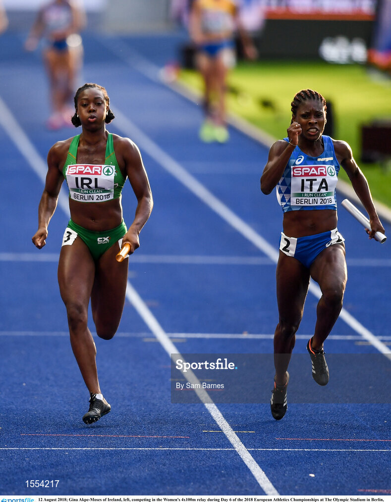 12 August 2018; Gina Akpe-Moses of Ireland, left, competing in the Women's 4x100m relay during Day 6 of the 2018 European Athletics Championships at The Olympic Stadium in Berlin, Germany. Photo by Sam Barnes/Sportsfile