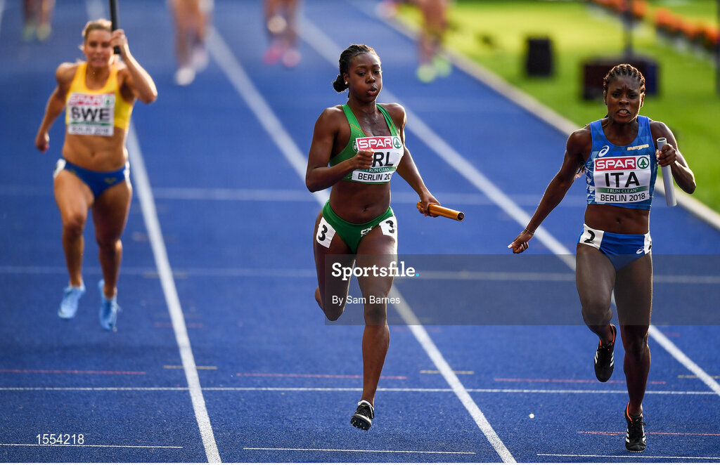 12 August 2018; Gina Akpe-Moses of Ireland, centre, competing in the Women's 4x100m relay during Day 6 of the 2018 European Athletics Championships at The Olympic Stadium in Berlin, Germany. Photo by Sam Barnes/Sportsfile