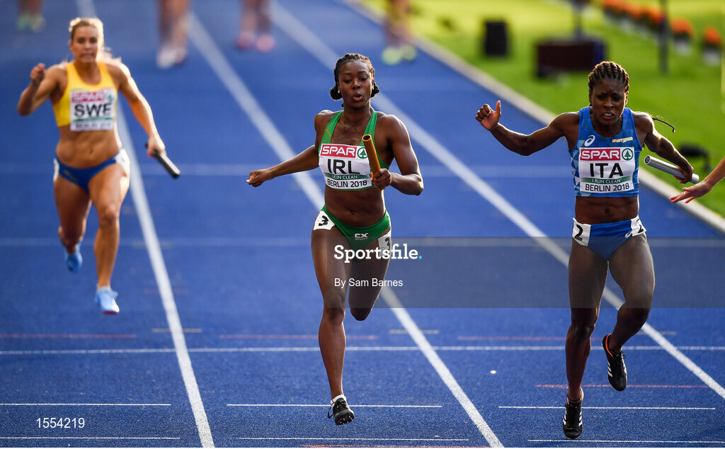 12 August 2018; Gina Akpe-Moses of Ireland, centre, competing in the Women's 4x100m relay during Day 6 of the 2018 European Athletics Championships at The Olympic Stadium in Berlin, Germany. Photo by Sam Barnes/Sportsfile