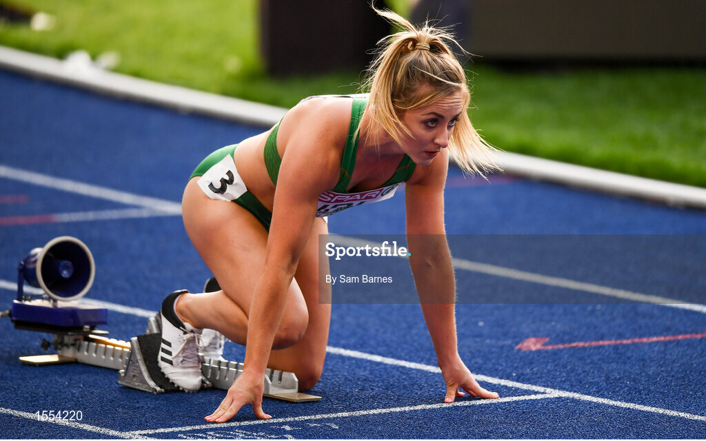 12 August 2018; Joan Healy of Ireland prior to competing in the Women's 4x100m Relay event  during Day 6 of the 2018 European Athletics Championships at The Olympic Stadium in Berlin, Germany. Photo by Sam Barnes/Sportsfile