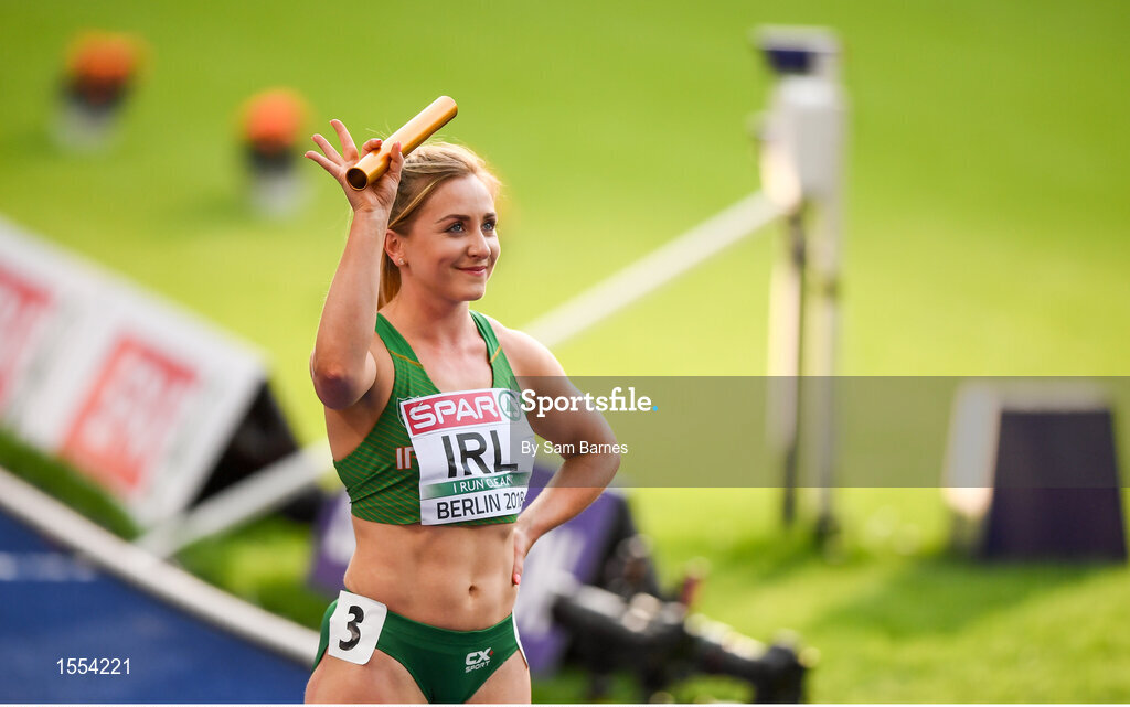 12 August 2018; Joan Healy of Ireland prior to competing in the Women's 4x100m Relay event  during Day 6 of the 2018 European Athletics Championships at The Olympic Stadium in Berlin, Germany. Photo by Sam Barnes/Sportsfile