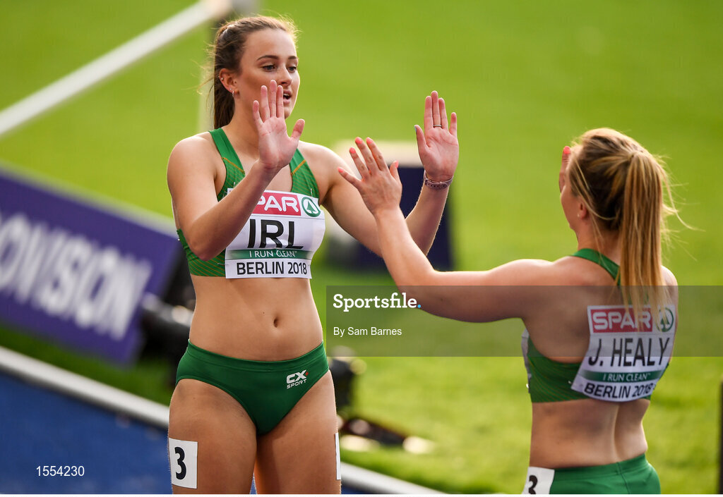 12 August 2018; Ciara Neville, left, and Joan Healy of Ireland after competing in the Women's 4x100m Relay event during Day 6 of the 2018 European Athletics Championships at The Olympic Stadium in Berlin, Germany. Photo by Sam Barnes/Sportsfile
