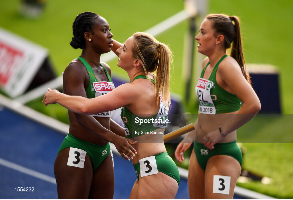 12 August 2018; Athletes, from left, Gina Akpe-Moses, Joan Healy and Ciara Neville of Ireland after competing in the Women's 4x100m Relay event during Day 6 of the 2018 European Athletics Championships at The Olympic Stadium in Berlin, Germany. Photo by Sam Barnes/Sportsfile