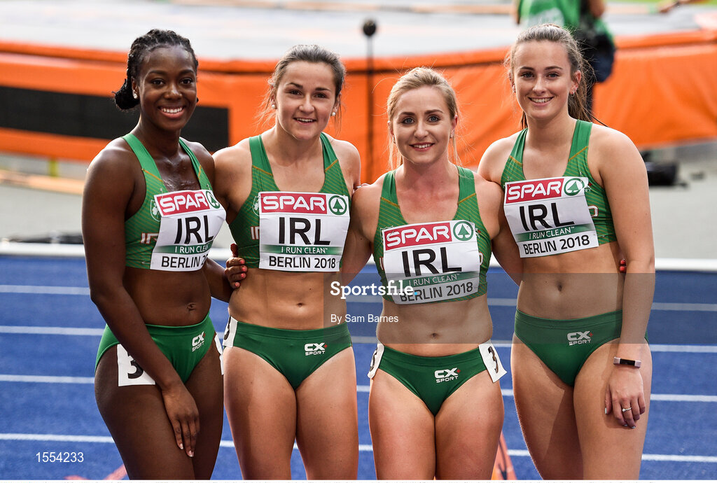 12 August 2018; Athletes, from left, Gina Akpe-Moses, Phil Healy, Joan Healy and Ciara Neville of Ireland after competing in the Women's 4x100m Relay event during Day 6 of the 2018 European Athletics Championships at The Olympic Stadium in Berlin, Germany. Photo by Sam Barnes/Sportsfile