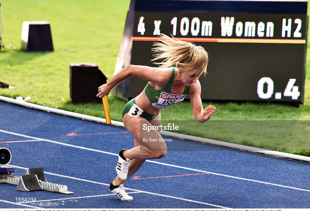 12 August 2018; Joan Healy of Ireland competing in the Women's 4x100m Relay event during Day 6 of the 2018 European Athletics Championships at The Olympic Stadium in Berlin, Germany. Photo by Sam Barnes/Sportsfile