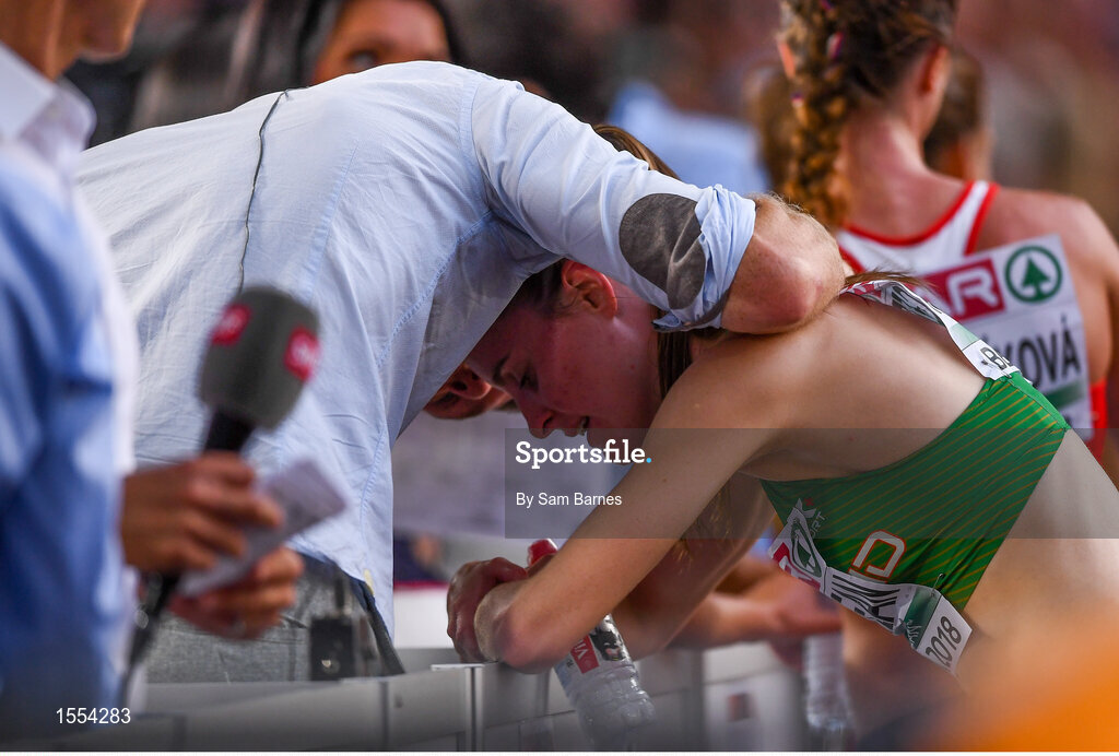 12 August 2018; Ciara Mageean of Ireland is consoled by David Gillick of RTE after finishing fourth in the Women's 1500m Final during Day 6 of the 2018 European Athletics Championships at The Olympic Stadium in Berlin, Germany. Photo by Sam Barnes/Sportsfile