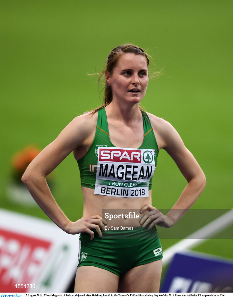 12 August 2018; Ciara Mageean of Ireland dejected after finishing fourth in the Women's 1500m Final during Day 6 of the 2018 European Athletics Championships at The Olympic Stadium in Berlin, Germany. Photo by Sam Barnes/Sportsfile