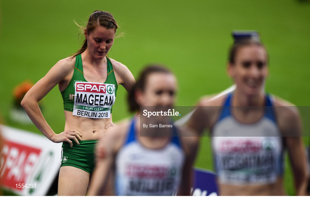 12 August 2018; Ciara Mageean of Ireland, left, dejected after finishing fourth in the Women's 1500m Final during Day 6 of the 2018 European Athletics Championships at The Olympic Stadium in Berlin, Germany. Photo by Sam Barnes/Sportsfile