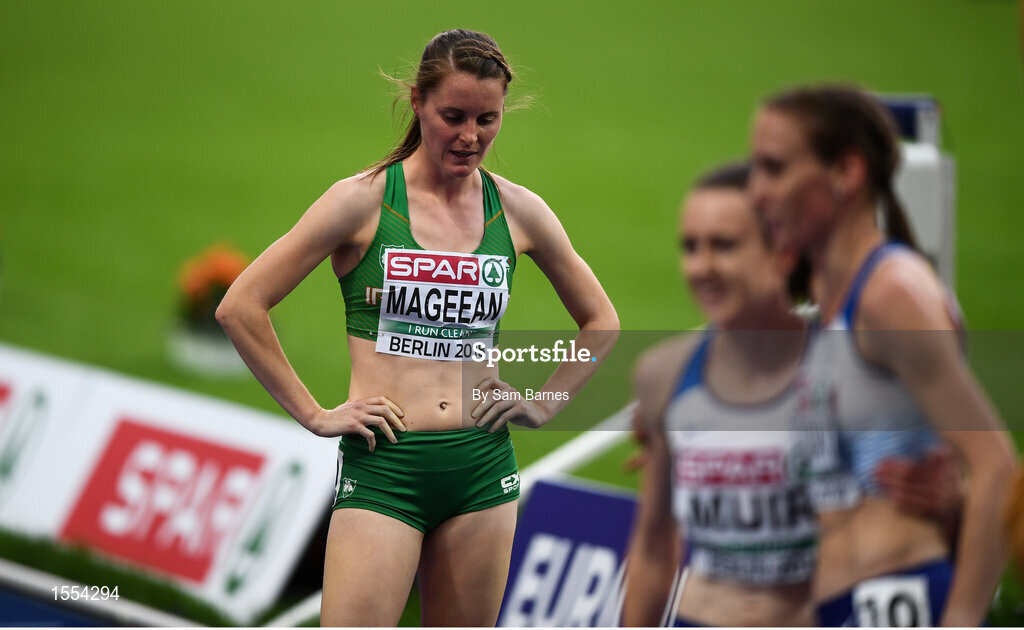 12 August 2018; Ciara Mageean of Ireland, left, dejected after finishing fourth in the Women's 1500m Final during Day 6 of the 2018 European Athletics Championships at The Olympic Stadium in Berlin, Germany. Photo by Sam Barnes/Sportsfile