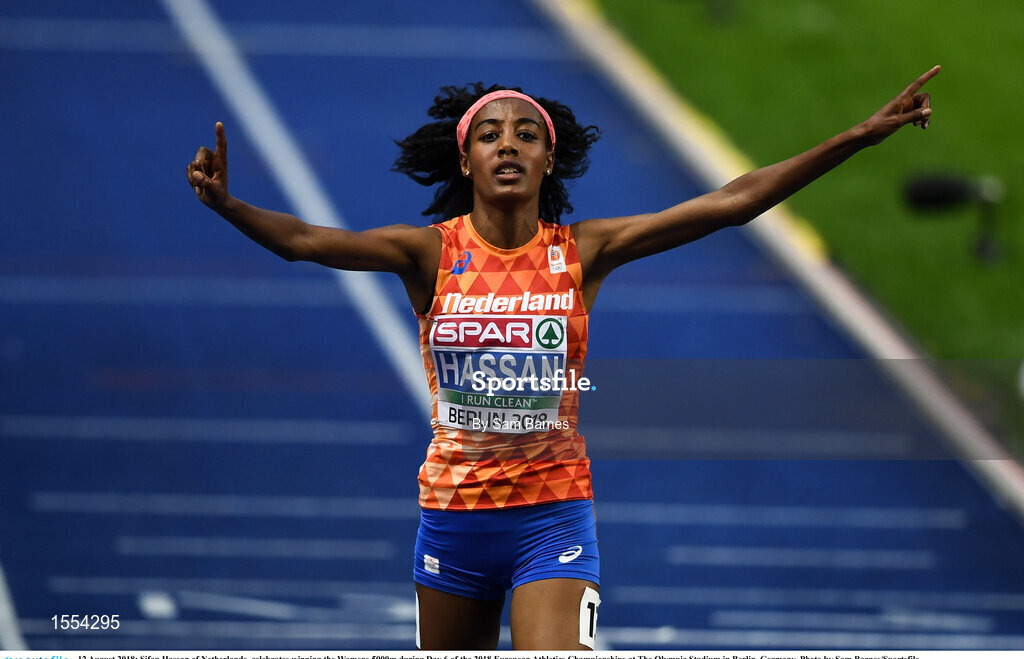 12 August 2018; Sifan Hassan of Netherlands, celebrates winning the Womens 5000m during Day 6 of the 2018 European Athletics Championships at The Olympic Stadium in Berlin, Germany. Photo by Sam Barnes/Sportsfile