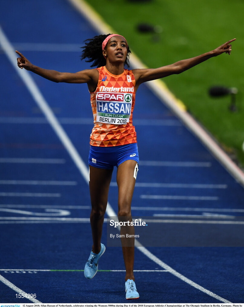12 August 2018; Sifan Hassan of Netherlands, celebrates winning the Womens 5000m during Day 6 of the 2018 European Athletics Championships at The Olympic Stadium in Berlin, Germany. Photo by Sam Barnes/Sportsfile