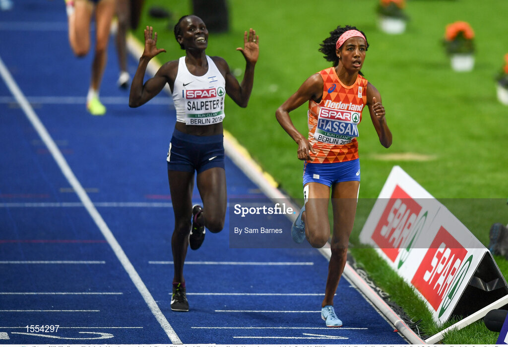 12 August 2018; Sifan Hassan of Netherlands, right, on her way to winning the Women's 5000m as Lonah Chemtai Salpeter of Israel celebrates a lap prematurely during Day 6 of the 2018 European Athletics Championships at The Olympic Stadium in Berlin, Germany. Photo by Sam Barnes/Sportsfile