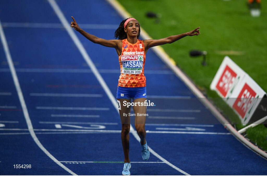 12 August 2018; Sifan Hassan of Netherlands celebrates winning the Women's 5000m final during Day 6 of the 2018 European Athletics Championships at The Olympic Stadium in Berlin, Germany. Photo by Sam Barnes/Sportsfile
