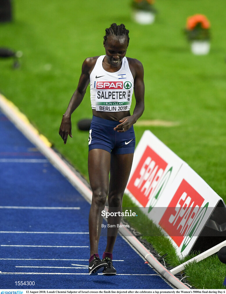 12 August 2018; Lonah Chemtai Salpeter of Israel crosses the finsih line dejected after she celebrates a lap prematurely the Women's 5000m final during Day 6 of the 2018 European Athletics Championships at The Olympic Stadium in Berlin, Germany. Photo by Sam Barnes/Sportsfile