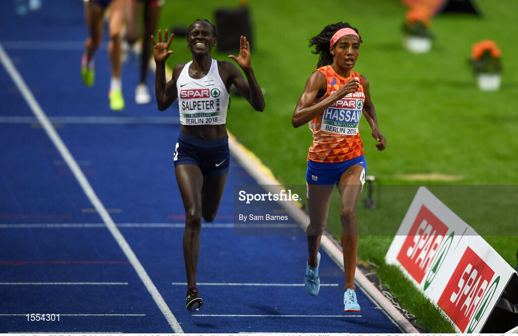 12 August 2018; Sifan Hassan of Netherlands, right, on her way to winning the Women's 5000m as Lonah Chemtai Salpeter of Israel celebrates a lap prematurely during Day 6 of the 2018 European Athletics Championships at The Olympic Stadium in Berlin, Germany. Photo by Sam Barnes/Sportsfile