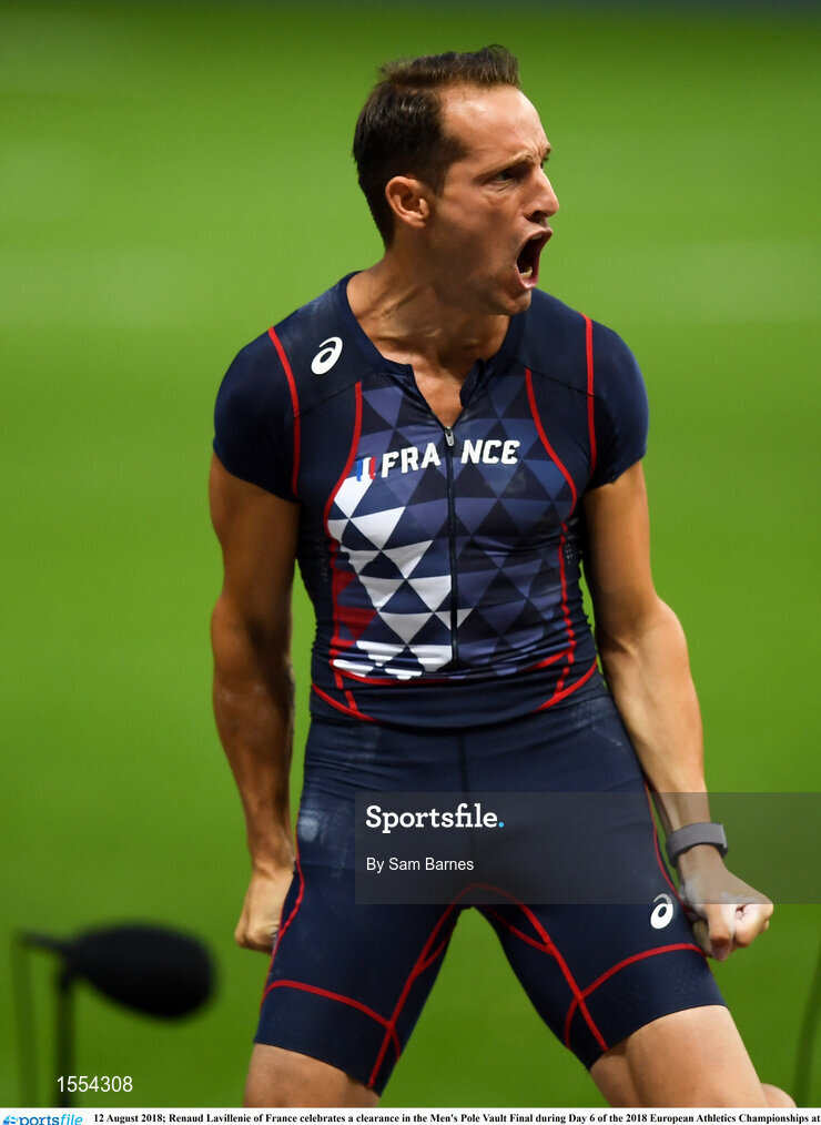 12 August 2018; Renaud Lavillenie of France celebrates a clearance in the Men's Pole Vault Final during Day 6 of the 2018 European Athletics Championships at The Olympic Stadium in Berlin, Germany. Photo by Sam Barnes/Sportsfile