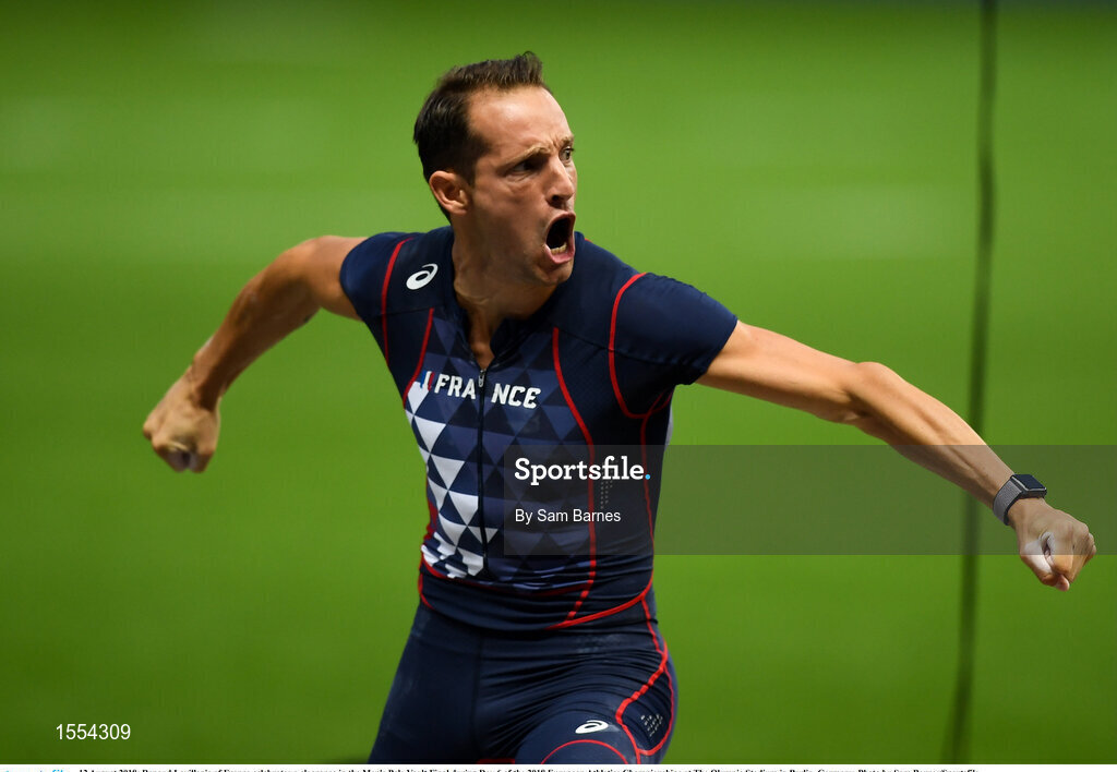 12 August 2018; Renaud Lavillenie of France celebrates a clearance in the Men's Pole Vault Final during Day 6 of the 2018 European Athletics Championships at The Olympic Stadium in Berlin, Germany. Photo by Sam Barnes/Sportsfile