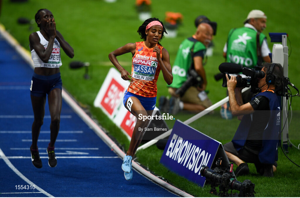 12 August 2018; Sifan Hassan of Netherlands, right, on her way to winning the Women's 5000m as Lonah Chemtai Salpeter of Israel celebrates a lap prematurely during Day 6 of the 2018 European Athletics Championships at The Olympic Stadium in Berlin, Germany. Photo by Sam Barnes/Sportsfile
