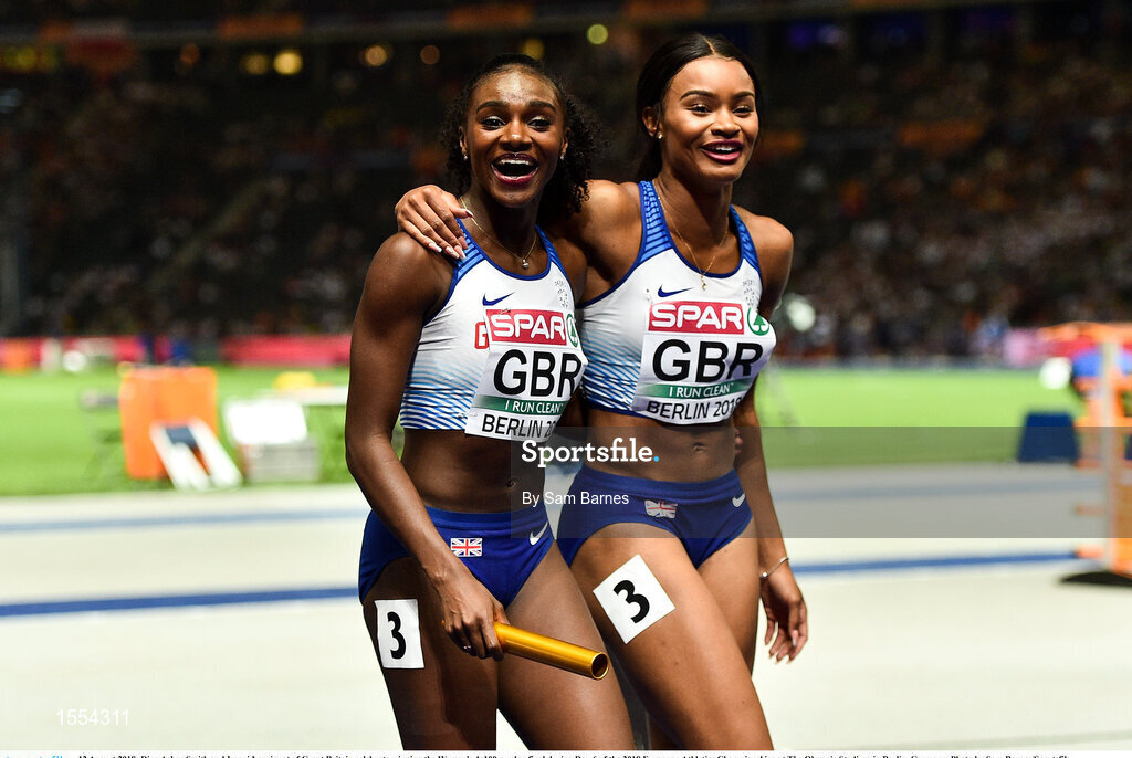 12 August 2018; Dina Asher-Smith and Imani Lansiquot of Great Britain celebrate winning the Women's 4x100m relay final during Day 6 of the 2018 European Athletics Championships at The Olympic Stadium in Berlin, Germany. Photo by Sam Barnes/Sportsfile