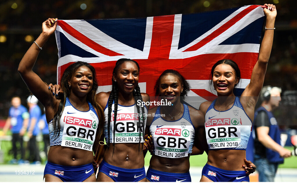 12 August 2018; Asha Phillip, Bianca Williams, Dina Asher-Smith, Imani Lansiquot of Great Britain celebrate winning the Women's 4x100m relay final during Day 6 of the 2018 European Athletics Championships at The Olympic Stadium in Berlin, Germany. Photo by Sam Barnes/Sportsfile