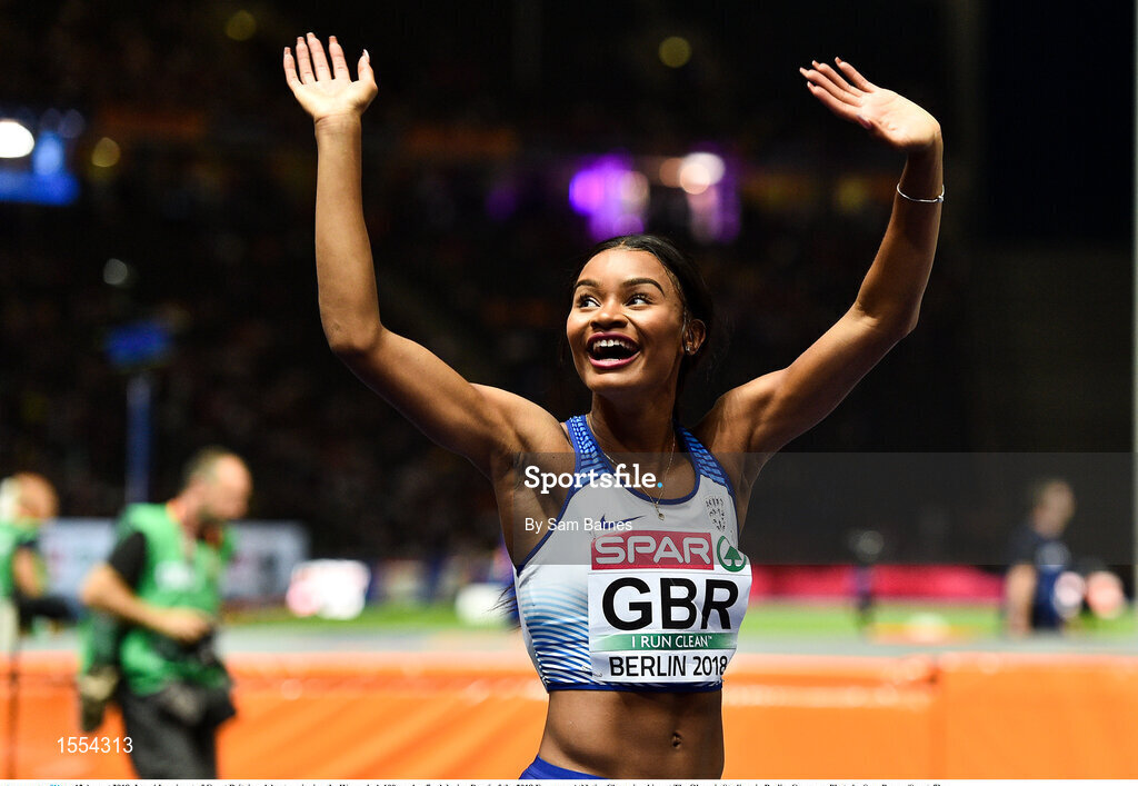 12 August 2018; Imani Lansiquot of Great Britain celebrates winning the Women's 4x100m relay final during Day 6 of the 2018 European Athletics Championships at The Olympic Stadium in Berlin, Germany. Photo by Sam Barnes/Sportsfile