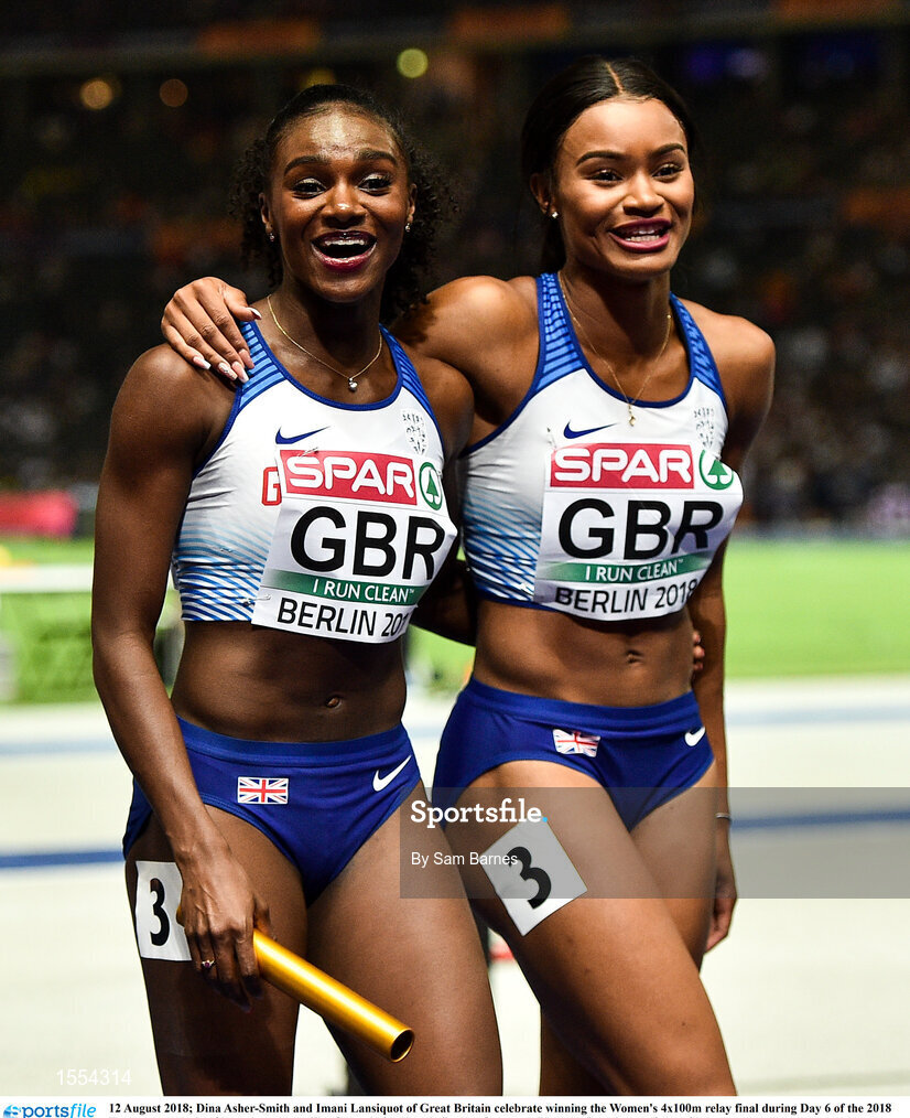 12 August 2018; Dina Asher-Smith and Imani Lansiquot of Great Britain celebrate winning the Women's 4x100m relay final during Day 6 of the 2018 European Athletics Championships at The Olympic Stadium in Berlin, Germany. Photo by Sam Barnes/Sportsfile